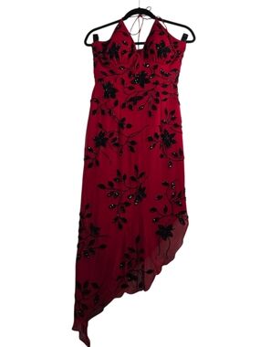 Sean Xpress Red Black Beaded Floral Silk Halter Dress Asymmetrical Vtg Y2K SZ S